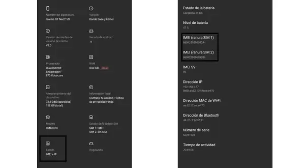 Información del teléfono: Estado del móvil con IMEI para SIM 1 y SIM 2.