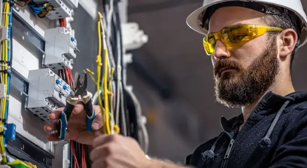 Elektryk w okularach ochronnych i kasku pracuje przy skrzynce z bezpiecznikami, wykonując pkd instalacje elektryczne.