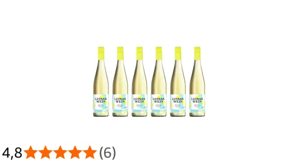Sechs Flaschen Luisas Wein, ein trockener Riesling, bereit für den Genuss.