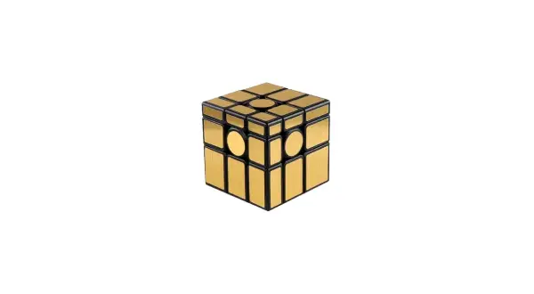 Złoty mirror cube, błyszczący jak lustro, z czarnymi ramkami i okrągłymi elementami.