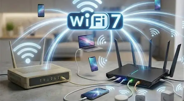 Des routeurs modernes diffusent le **wifi 7** vers des smartphones et un ordinateur portable, symbolisant une connectivité avancée et rapide.