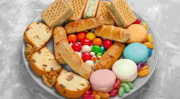 Talerz pełen słodyczy: ciasta, ciasteczka, makaroniki, cukierki żelki i draże.