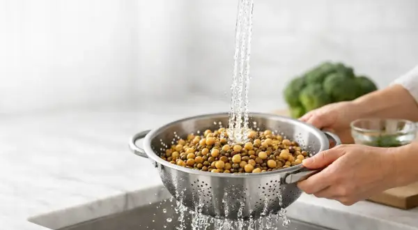 Ceci sono ceci, noti per essere tra i cibi che gonfiano la pancia. Vengono sciacquati sotto l'acqua corrente in una scolapasta.