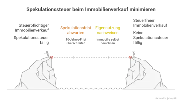 Spekulationssteuer beim Immobilienverkauf minimieren: Spekulationsfrist abwarten oder Eigennutzung nachweisen für steuerfreien Verkauf.