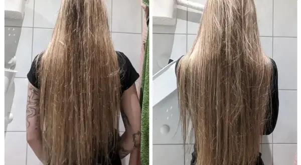 Długie, blond włosy przed i po zastosowaniu olejków do włosów. Włosy stały się gładsze i bardziej lśniące.