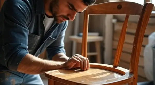 Un artisan concentré sur la rénovation d'une chaise en bois, redonnant vie à ce meuble ancien.