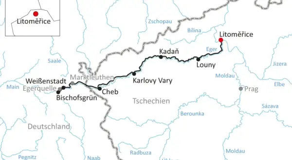 Karte zeigt den Eger Radweg von Weißenstadt über Karlsbad bis Litoměřice.