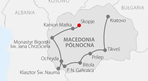 Mapa turystyczna Macedonii Północnej z zaznaczonymi atrakcjami: Skopje, Kanion Matka, Ochryda, Bitola. Skala 100 km.