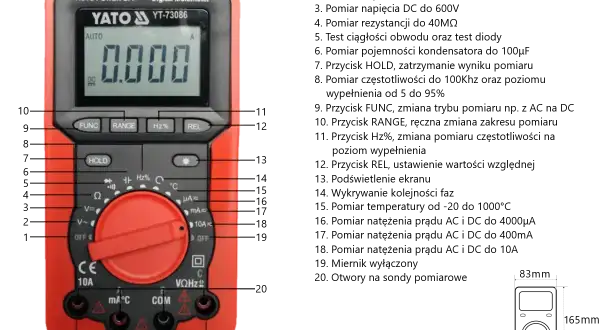 Czerwony multimetr cyfrowy YATO YT-73086 z pokrętłem wyboru funkcji, pokazujący kolejność faz.