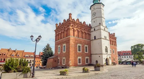 Sandomierz rynek z Ratuszem i kamienicami. Brukowany plac, latarnia i zielone krzewy.