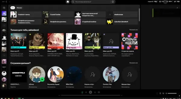 Écran Spotify avec des playlists et des suggestions. Si Spotify ne marche pas, vérifiez votre connexion ou les serveurs.