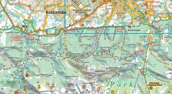 Fragment mapy Tatr z zaznaczonymi szlakami, dolinami i szczytami. Widoczne m.in. Kościelisko, Zakopane, Dolina Miętusia. Część dziennej trasy rajdu.