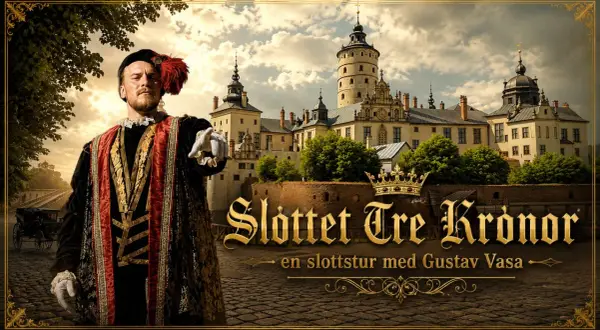 Gustav Vasa pekar mot slottet Tre Kronor, där han bodde. En kunglig gestalt i historisk dräkt framför ett ståtligt slott.