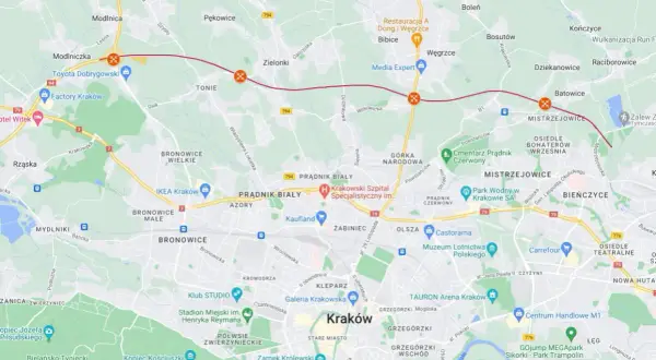 Trasa północnej obwodnicy Krakowa biegnie przez Modlnicę, Tonie, Batowice i Mistrzejowice, omijając centrum miasta.