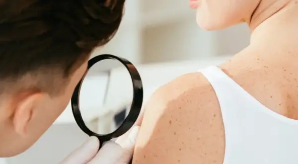 Dermatologia co to? Lekarz ogląda pieprzyki na ramieniu pacjentki przez lupę.