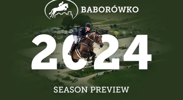 Baborówko zawody konne 2024: sezon w pełni! Skok jeźdźca na koniu nad przeszkodą.