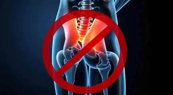 Illustration av bäckenet med markerad smärta, symboliserar att det är stopp för ont i piriformis.