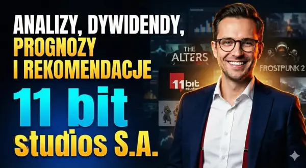 Analizy, prognozy i rekomendacje dotyczące akcji 11 bit studios S.A. Mężczyzna w garniturze uśmiecha się na tle gier studia.