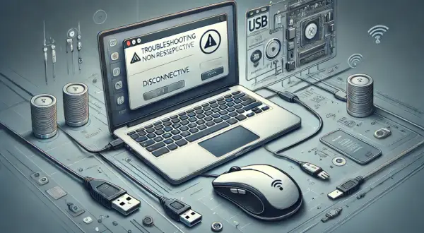 Komputer wyświetla komunikat "DISCONNECTIVE". Myszka bezprzewodowa nie działa, mimo podłączonych kabli USB.