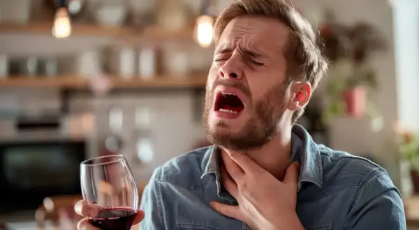 Mężczyzna z bólem gardła trzyma kieliszek wina, zastanawiając się, czy przy refluksie można pić alkohol.
