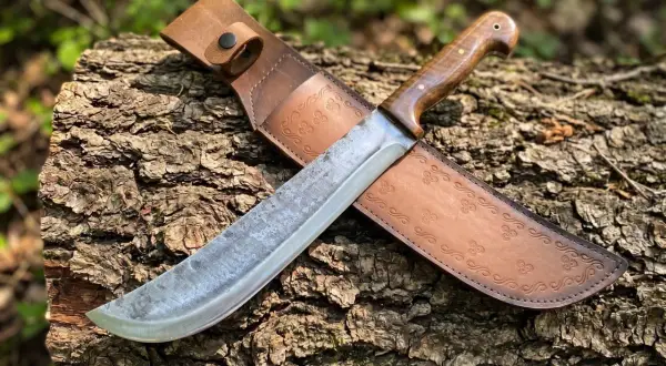 Machete de hoja ancha y mango de madera, con funda de cuero grabada. Descubre su machete precio.