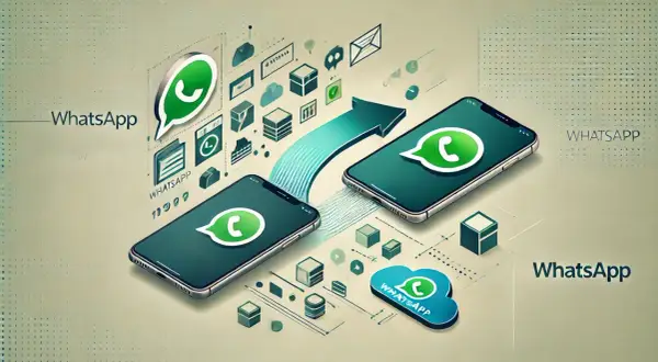 Jak przenieść WhatsApp na nowy telefon? Grafika pokazuje dwa smartfony i chmurę, symbolizujące transfer danych.