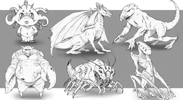 Bocetos de animales inventados para dibujar: un dragón, un troll con pinzas, un insectoide, un alienígena y dos criaturas más.