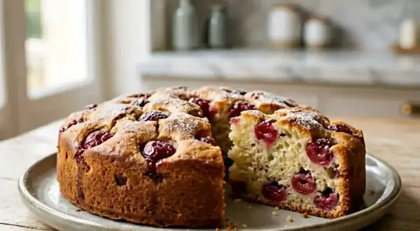 Un délicieux gâteau aux cerises, saupoudré de sucre glace, est présenté sur une assiette. Une part a été retirée, révélant la texture moelleuse et les fruits rouges.