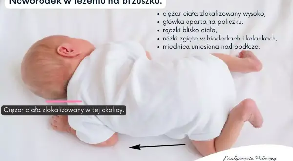 Noworodek leży na brzuchu z ciężarem ciała wysoko, główka na policzku, rączki blisko, nóżki zgięte. To nieprawidłowe leżenie na brzuchu niemowlaka.