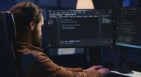 Mężczyzna z brodą, jako java developer, intensywnie pracuje przy dwóch monitorach, pisząc kod w ciemnym pomieszczeniu.