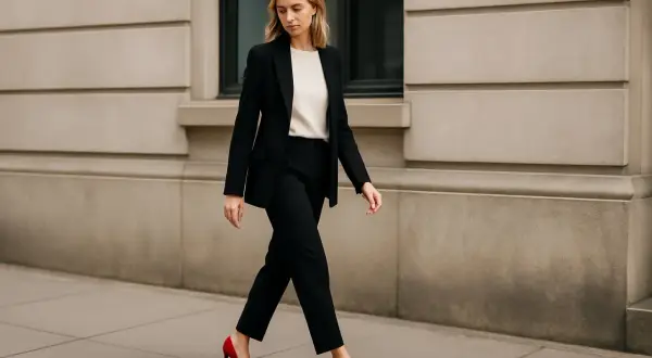 Elegancka kobieta w czarnym garniturze i kremowym topie, zmysłowo prezentująca czerwone szpilki. Stylowe czerwone szpilki dodają charakteru tej biznesowej stylizacji.