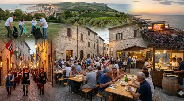 Un collage di immagini che mostrano la bellezza delle Marche: volontari puliscono un parco, un corteo storico, una cena all'aperto e un grande concerto sulla spiaggia.