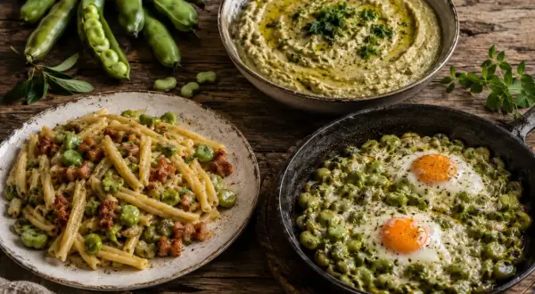 Pyszne dania z bobu: makaron z boczkiem, pasta z bobu i jajka sadzone na bobie.