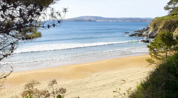 Una persona descansa en la arena dorada de la playa ber, con olas suaves rompiendo en la orilla y un paisaje costero al fondo.
