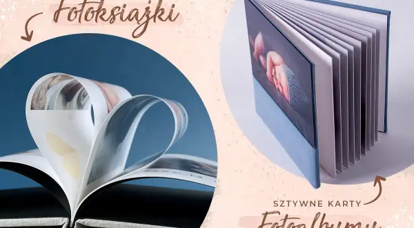 Miękkie kartki fotoksiążki tworzą serce, a sztywne karty fotoalbumu prezentują zdjęcie noworodka.