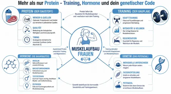 Protein nach dem Training ist essenziell für Muskelreparatur und -wachstum. Die Grafik zeigt, wie Protein, Training, Hormone und Genetik zusammenspielen.