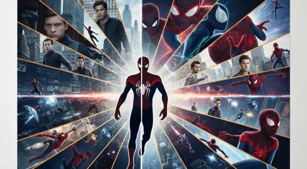Plakat z filmów o Spider-Manie, z Tomem Hollandem w roli głównej, przedstawia go w różnych strojach i scenach akcji, ukazując jego podróż przez multiwersum.