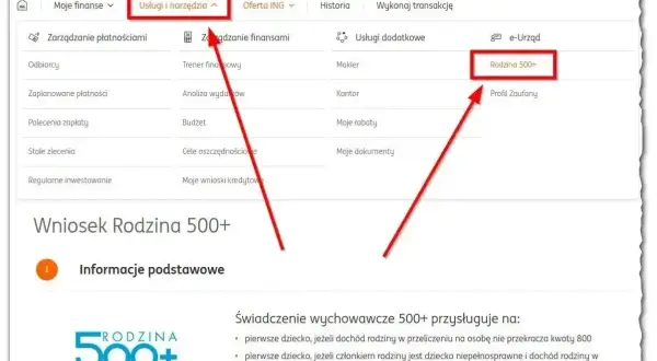 Wniosek Rodzina 500+ w ING. Kliknij "Usługi i narzędzia", a następnie "Rodzina 500+" aby złożyć wniosek.