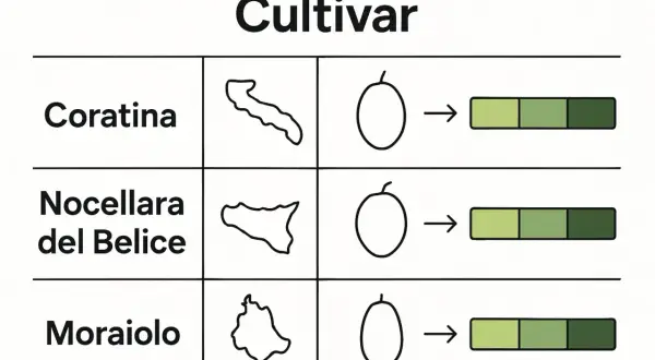 Tabella per come riconoscere le varietà di olivo: Coratina, Nocellara del Belice, Moraiolo, con indicazioni su forma e maturazione.