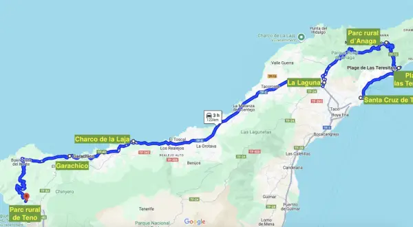 Carte des **activités à découvrir** à **Tenerife** : route de Garachico à Santa Cruz, passant par La Laguna et le Parc rural d'Anaga.
