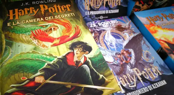 Harry Potter i Komnata Tajemnic, z Harrym walczącym z bazyliszkiem, obok innych tomów tej magicznej zagadki.