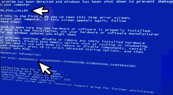 Blauer Bildschirm mit Fehlermeldung "BAD_POOL_CALLER". Ein Pfeil zeigt auf den Fehlercode.