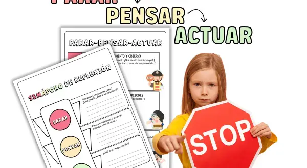 Niña muestra un semáforo de las emociones para imprimir, con las palabras "Parar, Pensar, Actuar" y un letrero de STOP.