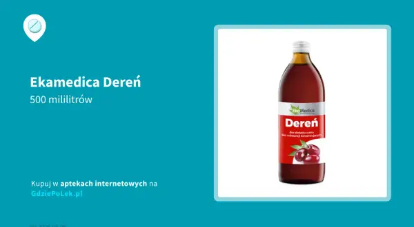 Sok z derenia właściwości: butelka 500 ml Eko Medica Deren, bez dodatku cukru i konserwantów.