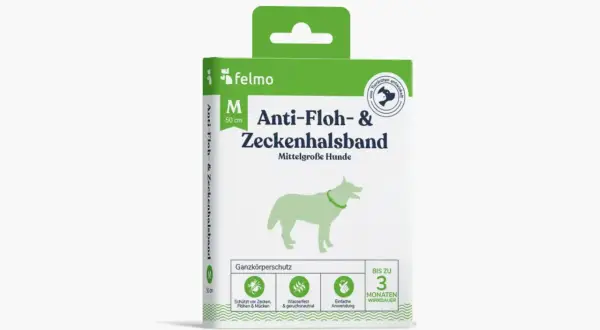 Verpackung eines felmo Anti-Floh- & Zeckenhalsbands für mittelgroße Hunde. Das giftige Flohhalsband schützt bis zu 3 Monate.