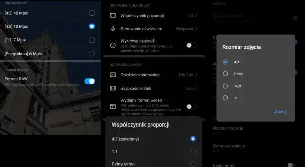 Jak zmienić format zdjęcia Samsung: wybierz "Rozmiar zdjęcia", a następnie proporcje 4:3, Pełny, 16:9 lub 1:1.