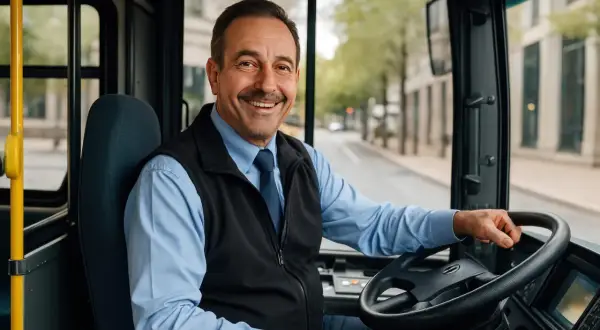Uśmiechnięty kierowca autobusu z prawem jazdy kat. D, gotowy do pracy.