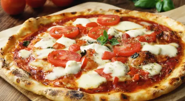 Pyszna pizza Margherita z pomidorami i rozpływającym się **serem di bufala**, ozdobiona świeżą bazylią.