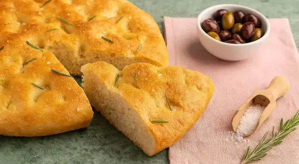 Goldbraune Focaccia, ein Stück davon abgetrennt, mit Rosmarin und grobem Salz bestreut. Daneben eine Schale Oliven und eine Holzschaufel mit Salz. Ein echtes original focaccia rezept.