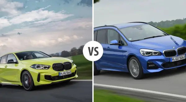 Dwa BMW hatchbacki: jeden żółty, drugi niebieski, jadące po drodze.